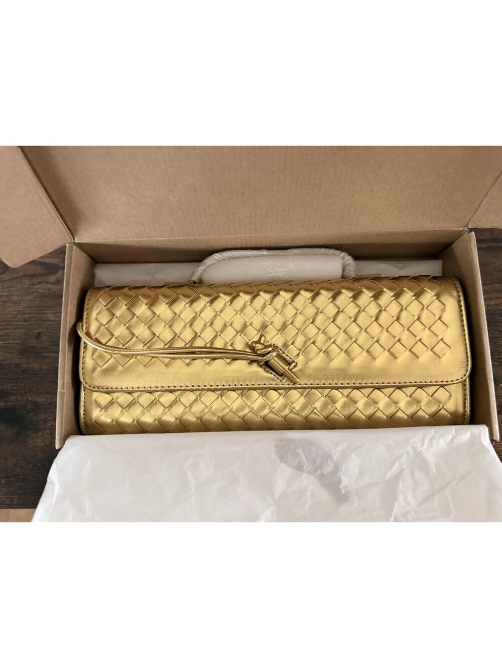 Gold Woven Clutch Bag Top Handle Clasp Glazed Women's Glam Dressy New In Box